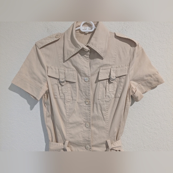 Escada Cream Fitted Belted Short Sleeve Button-Up Midi Shirt Dress Utility - Picture 5 of 11